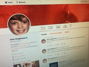Actress Rose McGowan's Twitter account is seen on October 13, 2017 after her account was suspended for allegedly tweeting a phone number while criticizing disgraced movie mogul Harvey Weinstein. (Postmedia Network)