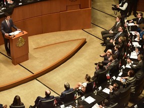 Prime Minister Justin Trudeau delivers a speech during his visit to the Mexican Senate, in Mexico City on October 13, 2017. (Pedro Pardo/Getty Images)