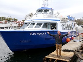 Jay Milner of Metalcraft Marine in front of the ship Blue Heron 8 which will be sent to the Tobermory region on the Bruce Peninsula to act as a tour boat. It has two glass floors so people can see underwater. Ian MacAlpine /The Whig-Standard/Postmedia Network