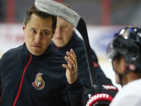 Ottawa Senators coach Guy Boucher during practice in Ottawa on Oct. 2, 2017. (Tony Caldwell/Postmedia)