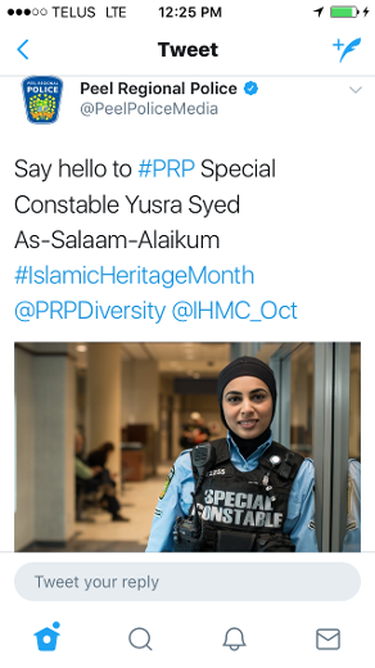 Peel Regional Police recently used Twitter to introduce Special Constable Yusra Syed As-Salaam-Alaikum to the community during Islamic Heritage Month. (Twitter)