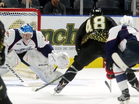 London Knights forward Sam Miletic bears down on Windsor Spitfires goalie Michael DiPietro during the first period of their OHL game Friday night at Budweiser Gardens. Miletic went to his backhand but was denied. The Knights offensive struggles continued as DiPietro and the Spits shut them down for a second straight night and won 2-1, extending London?s losing streak to seven. (MIKE HENSEN, The London Free Press)