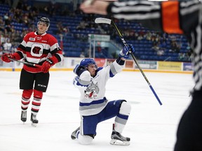 Sudbury Wolves forward Dmitry Sokolov celebrates a goal during OHL action against the Ottawa 67's at the Sudbury Community Arena in Sudbury, Ont. on Friday October 13, 2017. Sokolov scored a hat trick in the game.Gino Donato/Sudbury Star/Postmedia Network