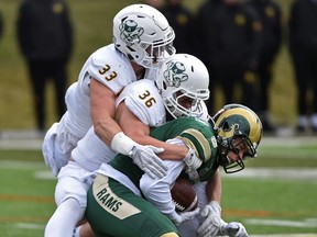 University of Alberta Golden Bears Aaron Chabylo (33) and Joshua Taitinger (36) take down Regina Rams Mitch Picton during university football action at Foote Field in Edmonton, October 14, 2017.