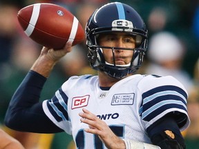 Toronto Argonauts quarterback Ricky Ray looks for the pass during first half CFL football action against the Edmonton Eskimos, in Edmonton, Saturday, Oct. 14, 2017.