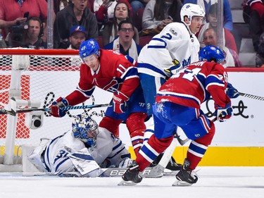 MONTREAL, QC - OCTOBER 14:  Goaltender Frederik Andersen #31 of the Toronto Maple Leafs dives in front of Brendan Gallagher #11 of the Montreal Canadiens to make a save during the NHL game at the Bell Centre on October 14, 2017 in Montreal, Quebec, Canada.  The Toronto Maple Leafs defeated the Montreal Canadiens 4-3 in overtime.  (Photo by Minas Panagiotakis/Getty Images)