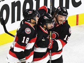 Gabriel Gagne (18) scored the historic game-winner for the Belleville Senators in their franchise-first 5-2 victory Saturday night in Hershey. (Ottawa Senators photo)