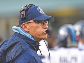 Argonauts head coach Marc Trestman watches the clock tick down on his team’s last-0minute loss to the Eskimos on Saturday at Commonwealth Stadium in Edmonton. Trestman’s Boatmen have shown glimpses of being a three-phase team and the coach says he feels it is close to putting it all together. (Ed Kaiser, Postmedia Network)