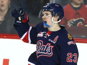 Pats Sam Steel celebrates his third goal of the night during WHL action between the Regina Pats and the Calgary Hitmen in Calgary, Alta at the Scotiabank Saddledome on Tuesday March 28, 2017. Steel had a goal and assists in a 3-2 overtime win against the Edmonton Oil Kings on Sunday.