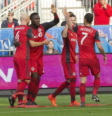 TFC's #17 Jozy Altidore scores the only goal in the first half, as the Toronto FC take on the Montreal Impact at BMO Field,  during MLS action in Toronto, Ont. on Sunday October 15, 2017. Stan Behal/Toronto Sun/Postmedia Network