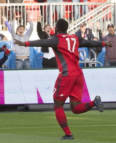 TFC's Jozy Altidore scores the only goal during Toronto FC's match on Sunday, Oct. 15, 2017. (Stan Behal, Toronto Sun)