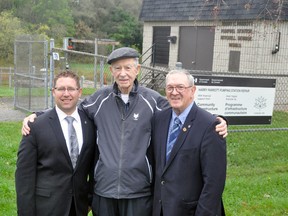 Perth-Wellington MP John Nater (left) and West Perth Mayor Walter McKenzie (right) were pleased to officially recognize a grant received and repair work done at the Harry Parrott Pumping Station in Mitchell with its namesake, former Mitchell resident Harry Parrott, last Friday, Oct. 13. ANDY BADER/MITCHELL ADVOCATE
