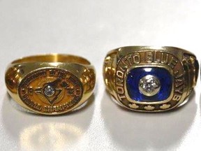 A personalized 1992 Blue Jays World Series Championship ring and an anniversary Blue Jays ring that Peel Regional Police recovered 23 years after they were stolen.