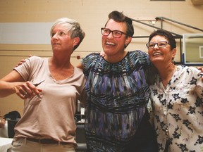 Marion Ruark, left, Katie Walker, middle, and Joan Grant dance to the music during the Vulcan County Health and Wellness Foundation’s third annual Fall Harvest Celebration fundraiser. The event, held at the Cultural-Recreational Centre, raised funds for the  Vulcan Community Health Centre expansion project.