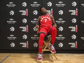 Toronto Raptors' Kyle Lowry takes a break between interviews during media day in Toronto on Sept. 25, 2017. (THE CANADIAN PRESS/Chris Young)