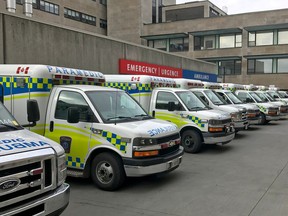 Ambulances line up at the Kingston General Hospital emergency department on Saturday afternoon during Homecoming street parties. (Frontenac Paramedic Services/Submitted Photo)