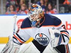 Edmonton Oilers goalie Cam Talbot during NHL pre-season action on Sept. 25, 2017, against the visiting Carolina Hurricanes at Rogers Place.