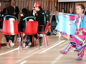 Dancers perform to the Young Thunder Bird Drummers during the opening ceremony for the launch of the global research initiative focused on reorienting education and training systems to improve the lives of Indigenous and marginalized youthat the Laurentian University Indigenous Sharing and Learning Centre in Sudbury, Ont. on Monday October 16, 2017. The City of Greater Sudbury is hosting this global research in partnership with the United Nations Educational, Scientific and Cultural Organization (UNESCO) Chair at York University Toronto and Shkagamik-Kwe Health Centre. Gino Donato/Sudbury Star/Postmedia Network