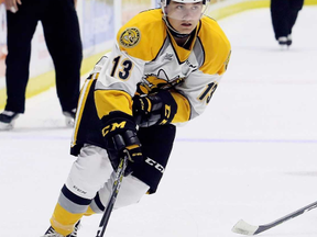 Sarnia Sting's Brady Hinz (13) plays against the Kitchener Rangers at Progressive Auto Sales Arena in Sarnia, Ont., on Saturday, Sept. 23, 2017. (MARK MALONE/Postmedia Network)