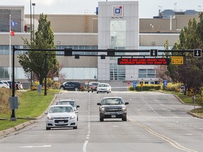 Cars leave the General Motors powertrain plant on Glendale Avenue in St. Catharines Monday October 16, 2017. (Bob Tymczyszyn, Postmedia Network)