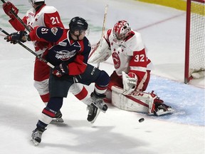 Windsor Spitfires Luke Boka scores on Sault Ste. Marie Greyhounds goaltender Joseph Raaymakers during Ontario Hockey League action at the WFCU Centre in Windsor, Ont., last season. The London Knights acquired Raaymaker this week and hope he can save their season.