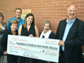 Chatham-Kent Health Alliance president and CEO Lori Marshall, Public General Hospital Foundation vice-chair Charlene Weber, CKHA diagnostic campaign co-chair Greg Hetherington, CKHA Foundation director of development Candice Jeffrey, PGH Foundation secretary treasurer Diane Easton and PGH Foundation board member Rick Patterson hold up a $600,000 cheque inside CKHA's Chatham Campus on Oct. 17. The PGH Foundation made the donation to CKHA's diagnostic imaging equipment campaign.