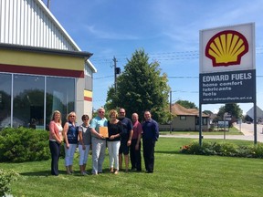 Don and Lynn Edward accept a plaque in honour of Edward Fuels 65 years as a Shell Branded Distributor. They are surrounded by long-serving staff members who have a combined 100 years with Edward Fuels: (second from left) Maura Clarke, (third from left) Diane Leslie, and (third from right) Rob Jeffrey. Also in the photo are Shell managers: (far left) Liz Lyle of Calgary, (second from right) Michael Lacasse of Montreal, and (far right) Tony Ciolfitto of Toronto. (Contributed photo)