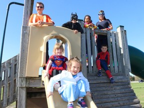 BRUCE BELL/THE INTELLIGENCER
Superheroes were abound at Holy Name of Mary Catholic School in Marysville on Wednesday. Students raised more than $2,000 at their recent Terry Fox walk. Pictured are the Doctor (Drew Loney), Superwoman (Kennedy Buxton, Dad, (Andrew McCambridge), Batman, Rylan Vader, Rainbow Woman (Dorothy Reuben), teacher Maureen Murphy and Spiderman (Sean Farrell).