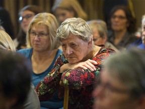 Nelda DeJong listens as the public inquiry into the crimes of nursing home serial killer Elizabeth Wettlaufer held its first public meeting in Woodstock Wednesday. Though not a victim, her mother was a resident at Woodstock?s  Caressant Care home when Wettlaufer worked there. (DEREK RUTTAN, The London Free Press)