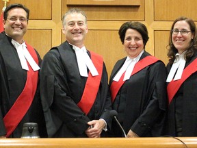 Two new judges were sworn in to the Ontario Court of Justice in North Bay, Wednesday. Justice Pierre Bradley, left, and Erin Lainvool, right, were elevated to the bench in September. Chief Justice Lise Maisonneauve and Regional Senior Justice Patrick Boucher officiated at the ceremony at the North Bay Courthouse.
PJ Wilson/The Nugget