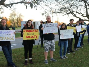 BRUCE BELL/THE INTELLIGENCER
Students from the film and television program at Loyalist College joined their professors on the picket line Thursday morning. Approximately 12,000 faculty members of colleges across the province went on strike on Monday.