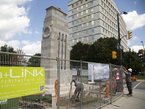 The plywood cladding has been removed from the cenotaph in Victoria Park showing the new sections of Indiana limestone that replaced damaged original stone in the structure. The new stone is markedly lighter grey than the original stone used to build the memorial in London. (File photo)