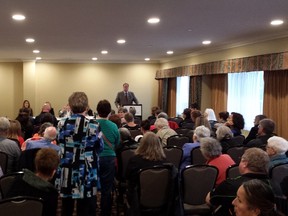 More than 50 people packed a hotel suite as the provincial inquiry into the crimes of nursing home killer Elizabeth Wettlaufer held a public session in London Thursday.  (DAN BROWN, The London Free Press)