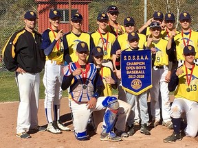 Bishop Carter players and coaches pose with their SDSSAA championship banner following city finals on Thursday.