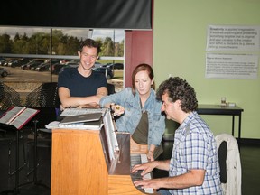 Playwright Matt Murray, left, is shown with director Mary Francis Moore and music director Bob Foster. They are working with singer-songwriter Johnny Reid to create the musical My Bonnie Lass, which was workshopped recently at the Canadian Music Theatre Project at Sheridan College. (Handout)