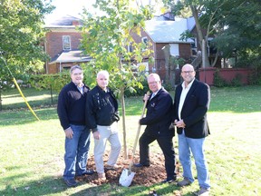 BRUCE BELL/the intelligencer
Pictured (from left) are Ken Dewar and Peter Lockyer, members of the Canada 150 and Prince Edward County 225 Celebration committee, Mayor Robert Quaiff, and Coun. Steve Ferguson, who also sits on the committee, participating in the tree planting ceremony in Benson Park.