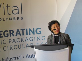 Emmie Leung, CEO of ReVital Polymers, speaks during an event Friday to launch operation of the company's recycling facility on Lougar Street in Sarnia. The site was formerly home of Entropex, a recycling company that went into receivership in July 2016. (Paul Morden/Sarnia Observer)