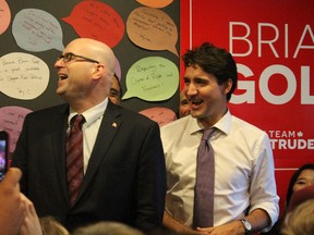 Prime Minister Justin Trudeau joins Liberal byelection candidate, Brian Gold, at a rally in Spruce Grove on Oct. 20.