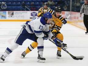 Sudbury Wolves' Michael Pezzetta, left, and Sarnia Sting's Marko Jakovljevic battle for the puck during OHL action at the Sudbury Community Arena in Sudbury, Ont., on Friday, Oct. 20, 2017. (JOHN LAPPA/Postmedia Network)