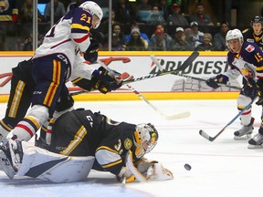 Barrie's Curtis Douglas tries to avoid Sarnia goaltender Justin Fazio as he goes hard to the net during their game on Saturday, Oct. 21, 2017. (KEVIN LAMB photo)