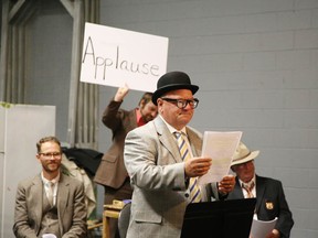 Greater Sudbury Mayor Brian Bigger and cast rehearse a scene from The Case of the Missing Mayor on Sunday. (Gino Donato/Sudbury Star)