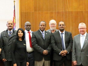 BRUCE BELL/THE INTELLIGENCER
Pictured (left to right) are representatives from South Africa joining Prince Edward County representatives for Building Inclusive Green Municipalities (BIGM) program. They include James Hepburn, CAO, PEC, Edith Gingras, manager of BIGM program, Federation of Canadian Municipalities, Basildon Perils, project coordinator, Kouga Local Municipality, Krishenthrie Selveraj, director of Corporate Services, Kouga Local Municipality, Tebogo Matlou, BIGM Project Manager with South African Local Government Association (SALGA), Bryan Dhludhlu, councillor, Kouga Local Municipality, Gord Fox, councillor PEC, Horatio Hendricks, councillor and Speaker for Kouga Local Municipality, Robert Quaiff, Mayor PEC, Treat Hull, councillor PEC, and Neil Carbone, director of Community Development PEC.