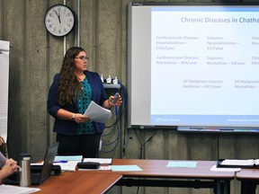 Kate Turner, an epidemiology student placed at the Chatham-Kent Public Health Unit, presents a report to the board of health on the state of chronic diseases in the area at the Oct. 18 board meeting. The board has requested to present these findings to the municipality's council.