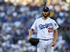 Clayton Kershaw #22 of the Los Angeles Dodgers looks on during the first inning against the Houston Astros in game one of the 2017 World Series at Dodger Stadium on October 24, 2017 in Los Angeles, California. (Photo by Tim Bradbury/Getty Images)