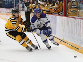 Michael Pezzetta, right, of the Sudbury Wolves, and Nick Grima, of the Sarnia Sting, fight for possession of the puck during OHL action at the Sudbury Community Arena in Sudbury, Ont. on Friday October 20, 2017. John Lappa/Sudbury Star/Postmedia Network