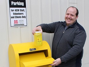 Steve Pratt, harm reduction program manager with AIDS Support Chatham-Kent, displays the new outdoor sharp disposal kiosk located at the agency's office at 67 Adelaide St. S. in Chatham.