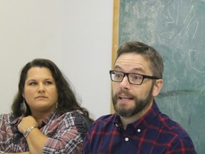 Stony Plain MLA Erin Babcock joins NDP provincial secretary Roari Richardson at the Stony Plain annual general meeting.