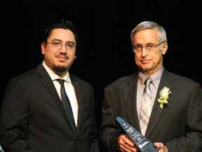 Econo-Lube’s Paul Harpe receives the Business of the Year award at the 2017 Spruce Grove Chamber of Commerce award's gala at the Horizon Stage.