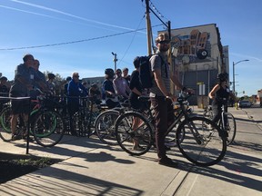 Local cyclists, led by London Cycle Link chair Daniel Hall, get set to take off on a bike ride as part of the Southwest Bike Advocacy Summit on Sunday, Oct. 22 in London. (MEGAN STACEY, The London Free Press)