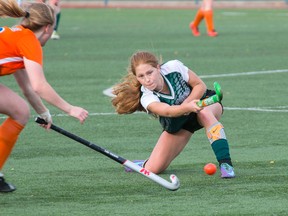 Alle Arsenault of the Holy Cross Crusaders scored once in the first game and three times in the second as the Crusaders scored two wins on the opening day of the Ontario Federation of School Athletic Associations field hockey championship in Burlington on Thursday. (Submitted Photo)
